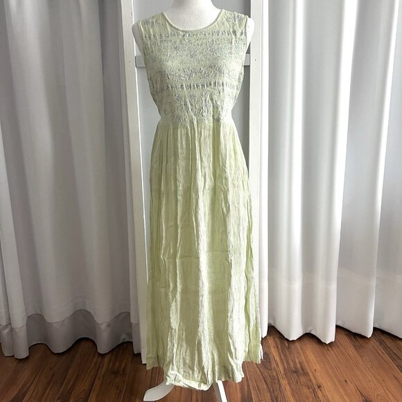 Vintage Karavan Sage Green Floral Embroidered Belted Sleeveless Maxi Dress sz L - Picture 2 of 5